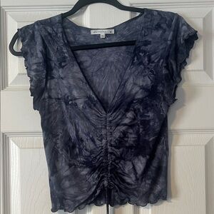 Antistar Women's Black Tie-Dye Ruched V-Neck Top